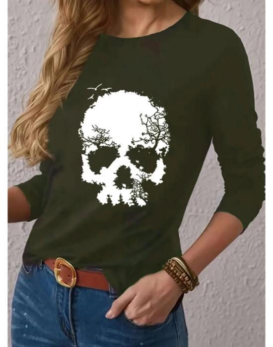 Kadın Uzun Kollu Bisiklet Yaka Kurukafa Desenli Viskon Bluz