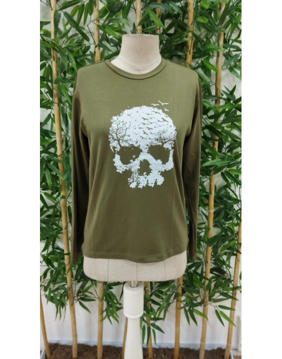 Kadın Uzun Kollu Bisiklet Yaka Kurukafa Desenli Viskon Bluz