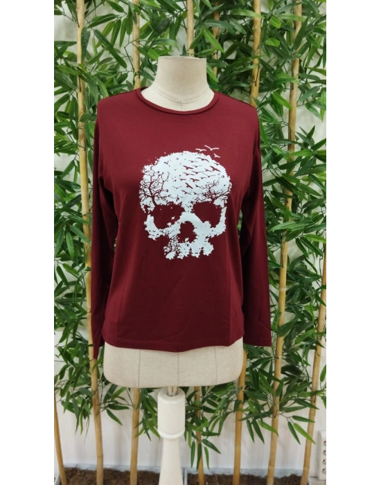 Kadın Uzun Kollu Bisiklet Yaka Kurukafa Desenli Viskon Bluz