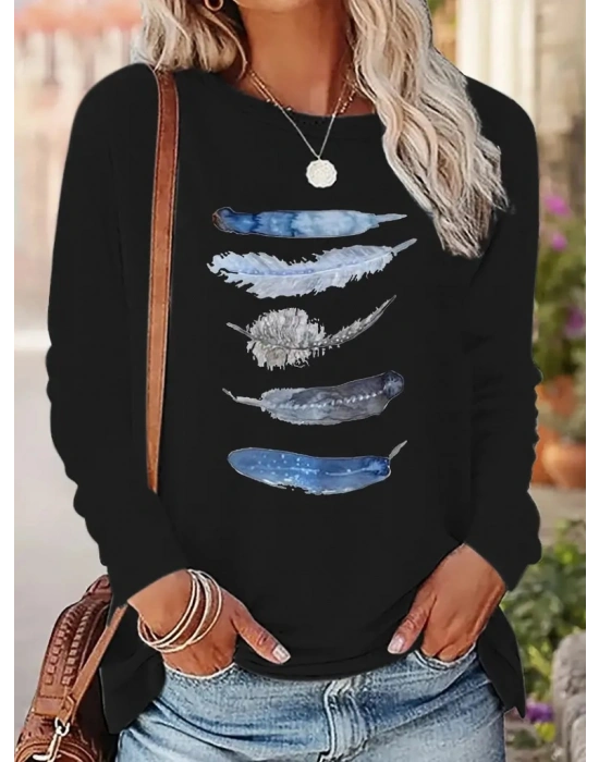 Kadın Uzun Kollu Bisiklet Yaka Kuş Tüyü Desenli Viskon Bluz