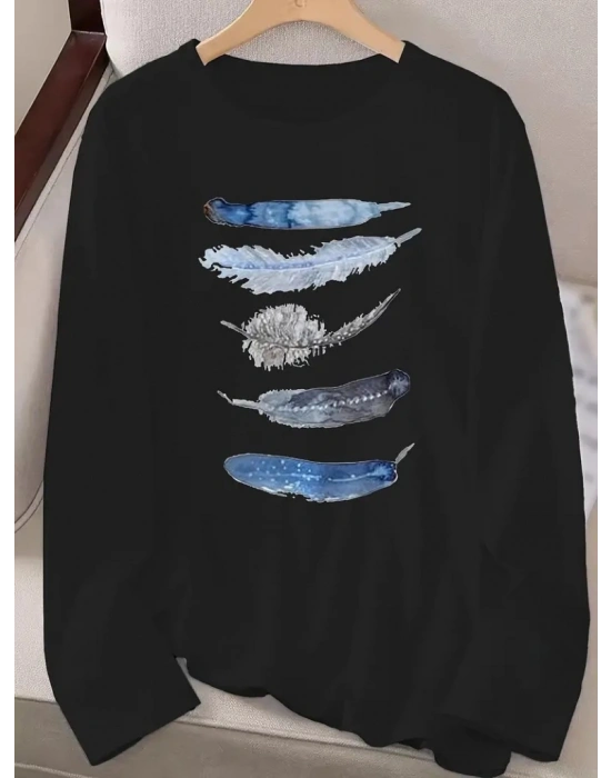 Kadın Uzun Kollu Bisiklet Yaka Kuş Tüyü Desenli Viskon Bluz