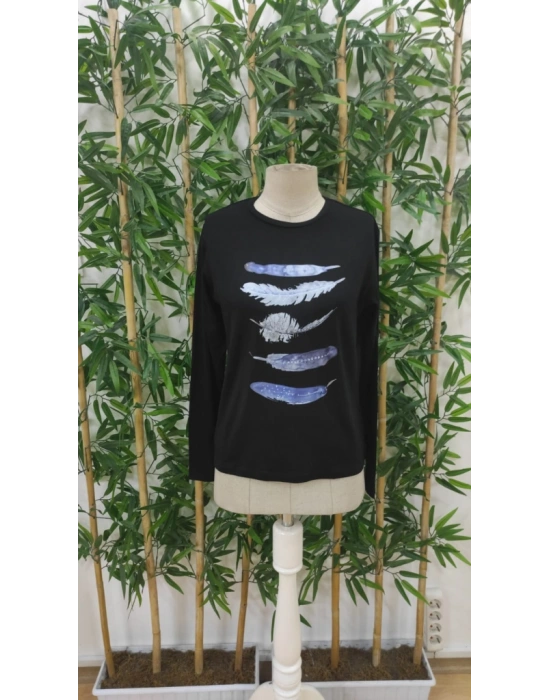 Kadın Uzun Kollu Bisiklet Yaka Kuş Tüyü Desenli Viskon Bluz