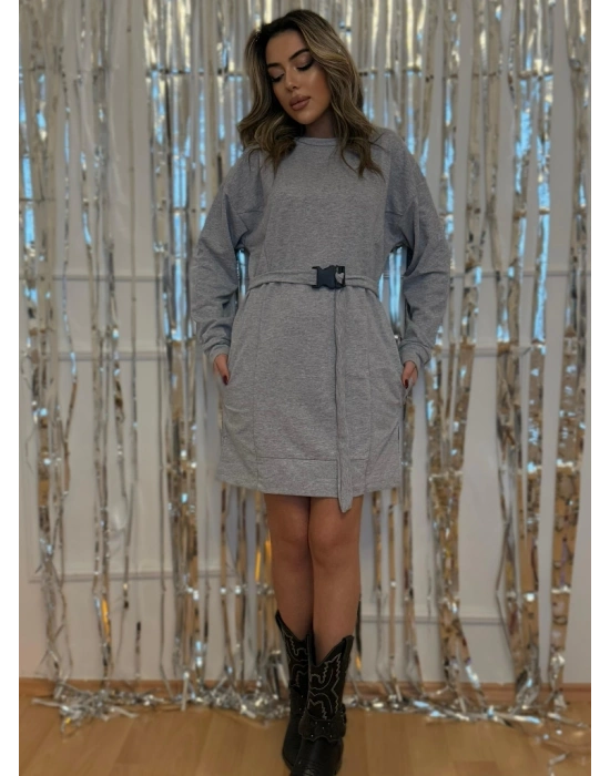 Kadın Uzun Kollu Bisiklet Yaka Kuşaklı Iki Iplik Elbise