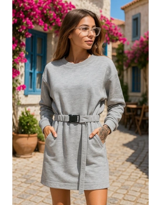 Kadın Uzun Kollu Bisiklet Yaka Kuşaklı Iki Iplik Elbise