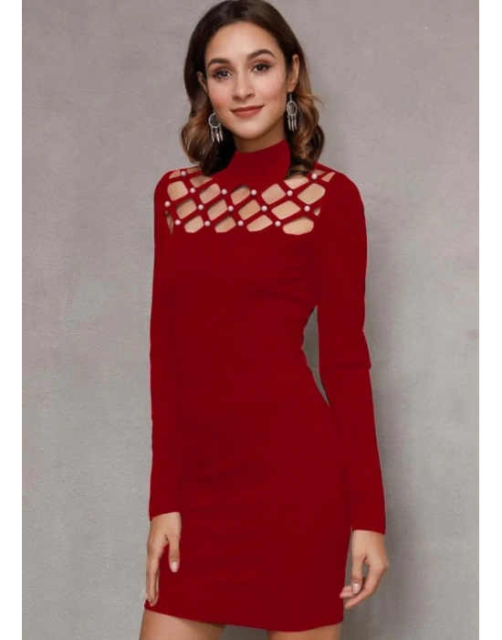 Kadın Uzun Kollu Bisiklet Yaka Lazer Kesim Inci Detay Viskon Iki Iplik Mini Boy Elbise