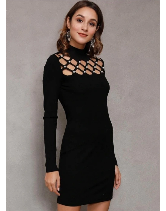 Kadın Uzun Kollu Bisiklet Yaka Lazer Kesim Inci Detay Viskon Iki Iplik Mini Boy Elbise