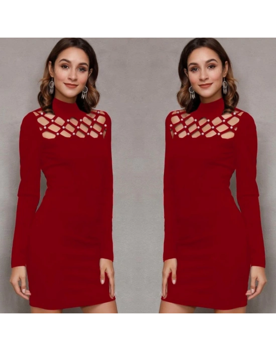 Kadın Uzun Kollu Bisiklet Yaka Lazer Kesim Inci Detay Viskon Iki Iplik Mini Boy Elbise