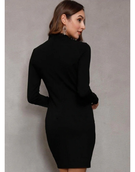 Kadın Uzun Kollu Bisiklet Yaka Lazer Kesim Inci Detay Viskon Iki Iplik Mini Boy Elbise