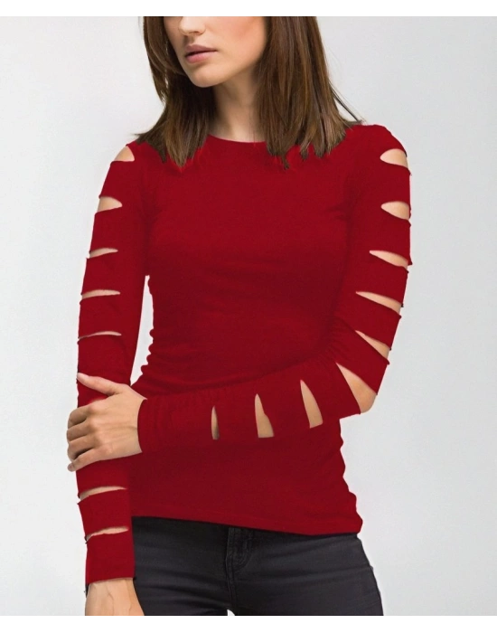 Kadın Uzun Kollu Bisiklet Yaka Lazer Kesim Viskon Bluz