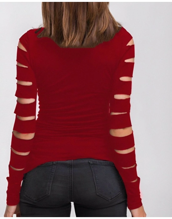 Kadın Uzun Kollu Bisiklet Yaka Lazer Kesim Viskon Bluz