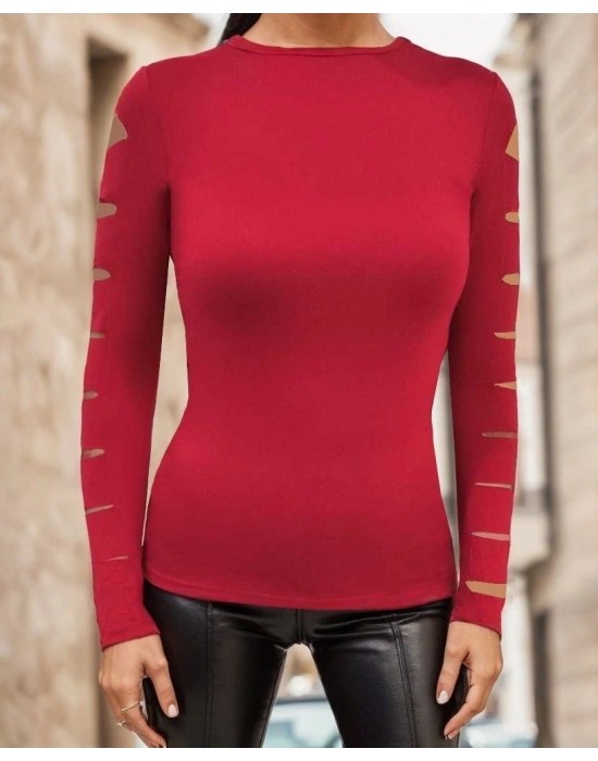 Kadın Uzun Kollu Bisiklet Yaka Lazer Kesim Viskon Bluz