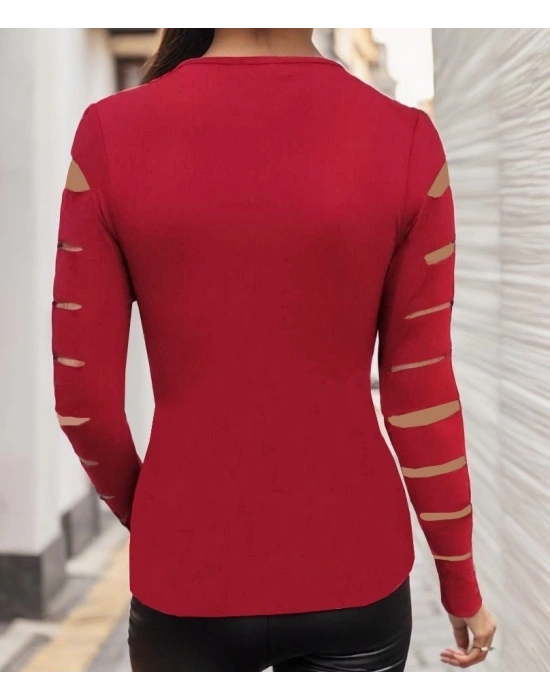 Kadın Uzun Kollu Bisiklet Yaka Lazer Kesim Viskon Bluz