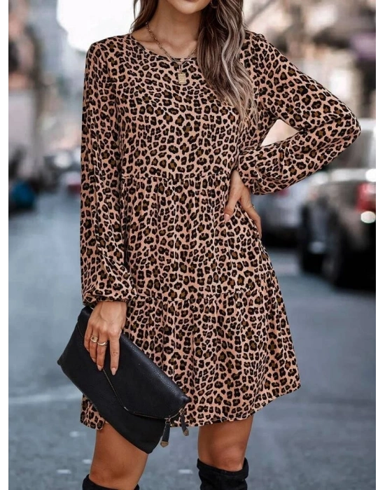 Kadın Uzun Kollu Bisiklet Yaka Leopar Desen Kesik Elyaf Kumaş Elbise