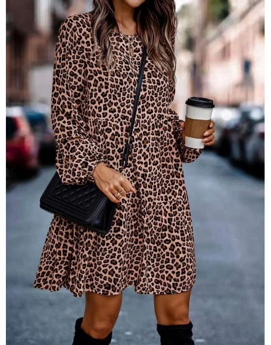 Kadın Uzun Kollu Bisiklet Yaka Leopar Desen Kesik Elyaf Kumaş Elbise