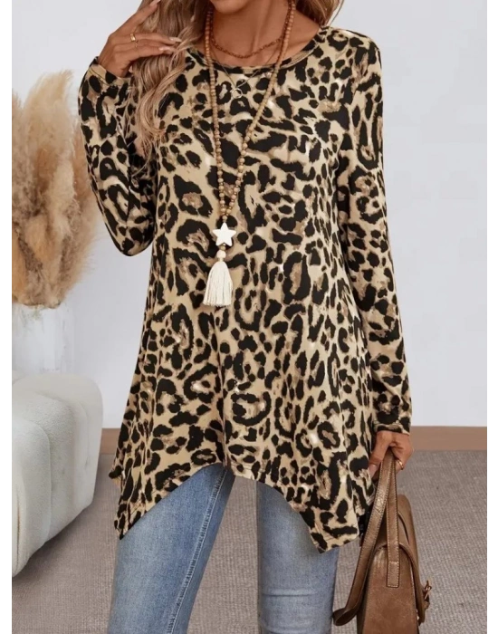 Kadın Uzun Kollu Bisiklet Yaka Leopar Desenli Süprem Bluz