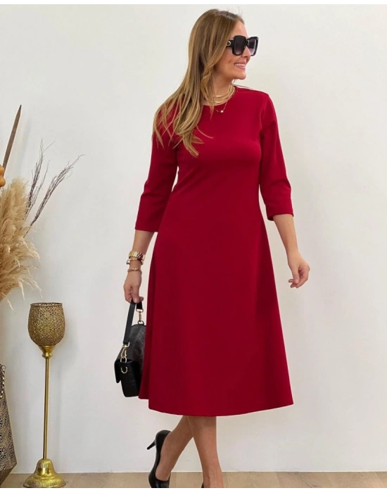 Kadın Uzun Kollu Bisiklet Yaka Midi Ithal Krep Elbise