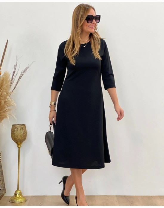 Kadın Uzun Kollu Bisiklet Yaka Midi Ithal Krep Elbise