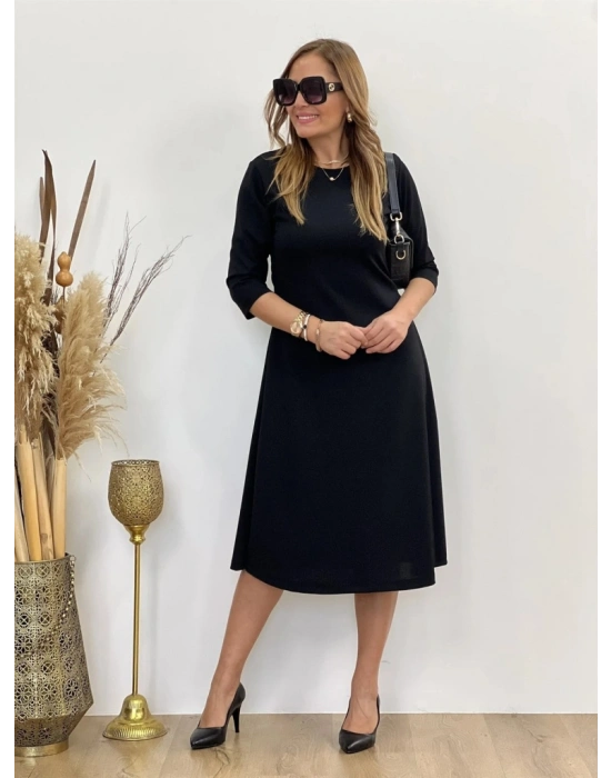 Kadın Uzun Kollu Bisiklet Yaka Midi Ithal Krep Elbise