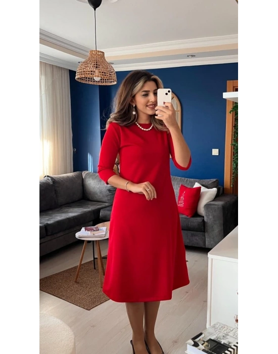 Kadın Uzun Kollu Bisiklet Yaka Midi Ithal Krep Elbise