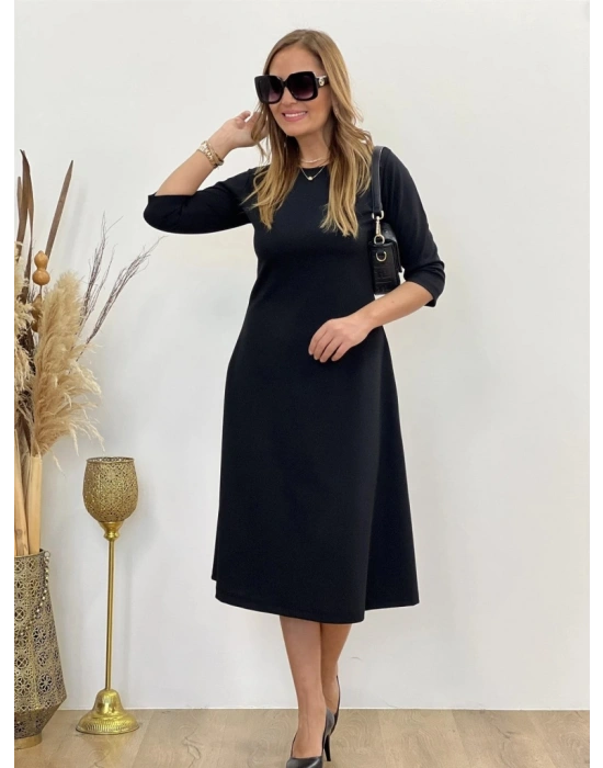 Kadın Uzun Kollu Bisiklet Yaka Midi Ithal Krep Elbise