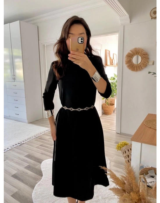 Kadın Uzun Kollu Bisiklet Yaka Midi Ithal Krep Elbise