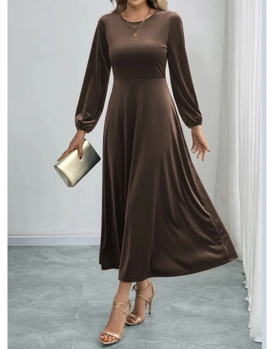 Kadın Uzun Kollu Bisiklet Yaka Midi Kadife Elbise