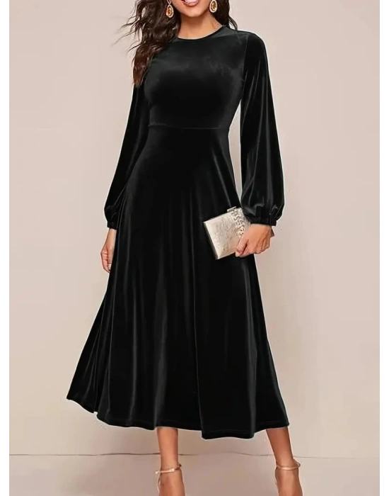 Kadın Uzun Kollu Bisiklet Yaka Midi Kadife Elbise
