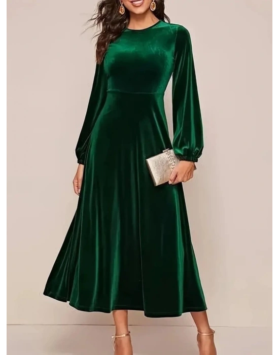 Kadın Uzun Kollu Bisiklet Yaka Midi Kadife Elbise