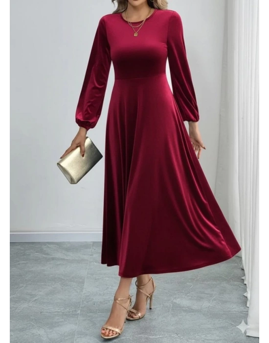 Kadın Uzun Kollu Bisiklet Yaka Midi Kadife Elbise