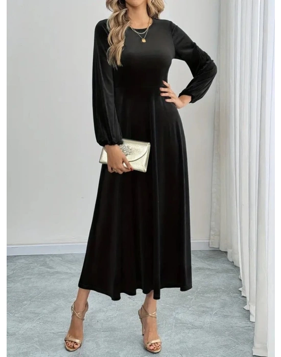 Kadın Uzun Kollu Bisiklet Yaka Midi Kadife Elbise