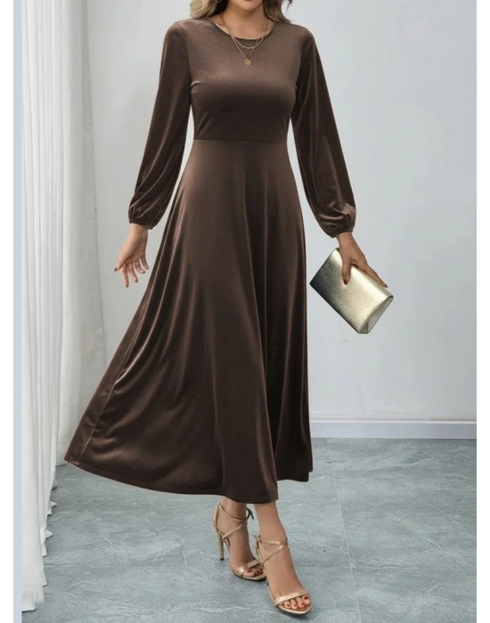 Kadın Uzun Kollu Bisiklet Yaka Midi Kadife Elbise