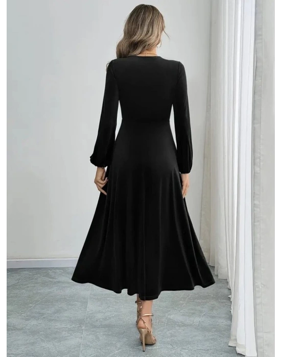 Kadın Uzun Kollu Bisiklet Yaka Midi Kadife Elbise