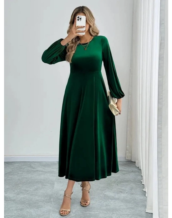Kadın Uzun Kollu Bisiklet Yaka Midi Kadife Elbise