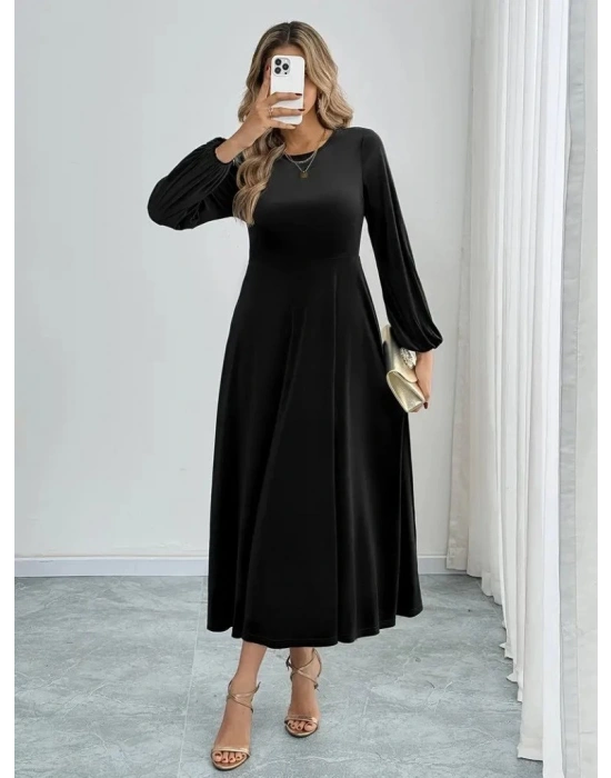 Kadın Uzun Kollu Bisiklet Yaka Midi Kadife Elbise