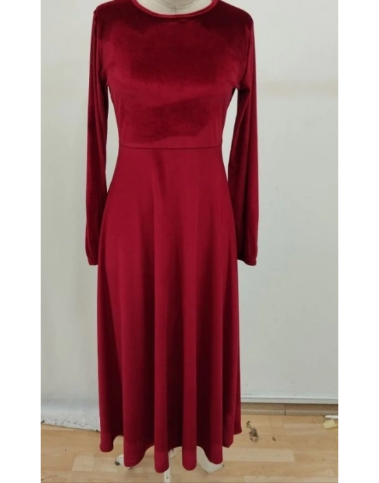 Kadın Uzun Kollu Bisiklet Yaka Midi Kadife Elbise