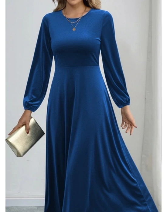 Kadın Uzun Kollu Bisiklet Yaka Midi Kadife Mavi Elbise