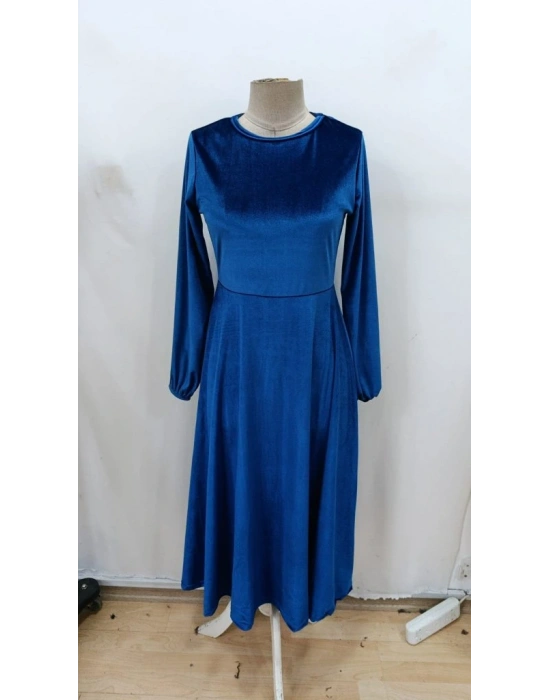 Kadın Uzun Kollu Bisiklet Yaka Midi Kadife Mavi Elbise