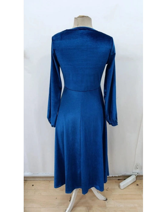 Kadın Uzun Kollu Bisiklet Yaka Midi Kadife Mavi Elbise