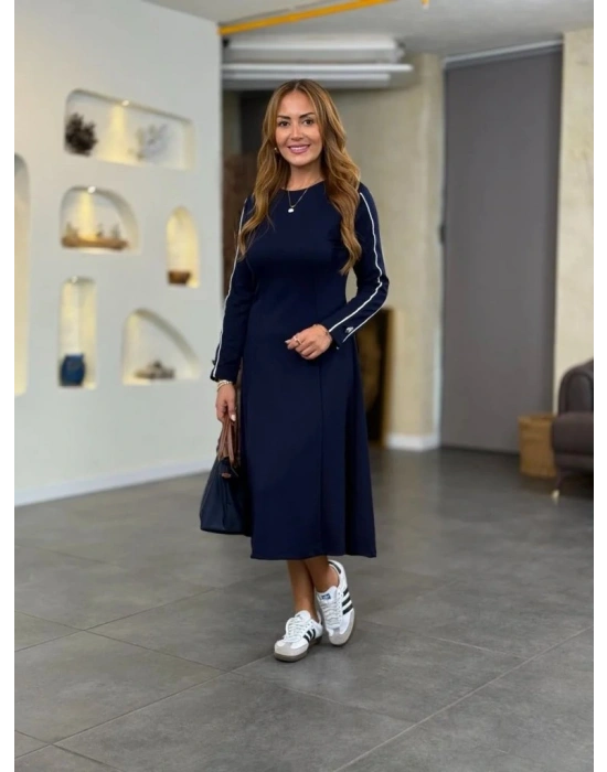 Kadın Uzun Kollu Bisiklet Yaka Midi Modal Elbise