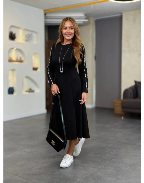 Kadın Uzun Kollu Bisiklet Yaka Midi Modal Elbise