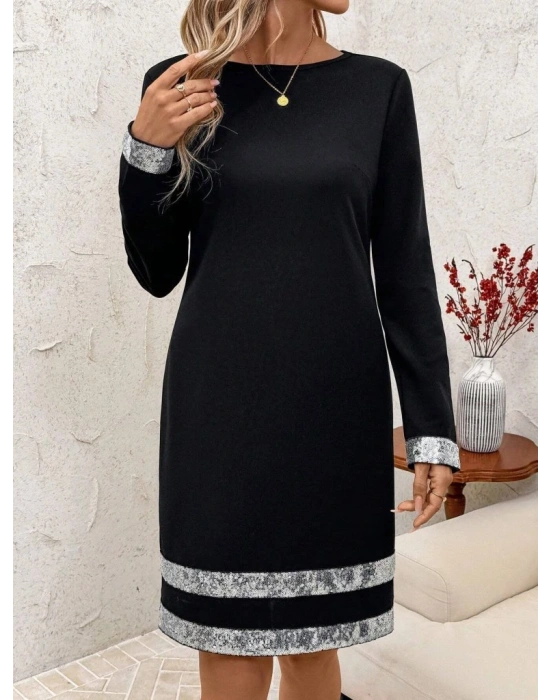 Kadın Uzun Kollu Bisiklet Yaka Mini Ithal Krep Elbise