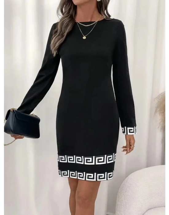 Kadın Uzun Kollu Bisiklet Yaka Mini Ithal Krep Elbise