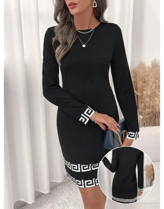 Kadın Uzun Kollu Bisiklet Yaka Mini Ithal Krep Elbise