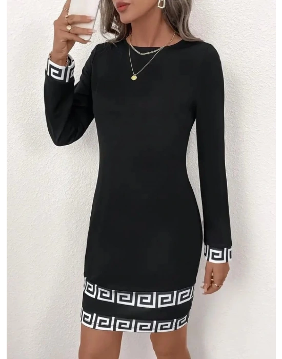 Kadın Uzun Kollu Bisiklet Yaka Mini Ithal Krep Elbise