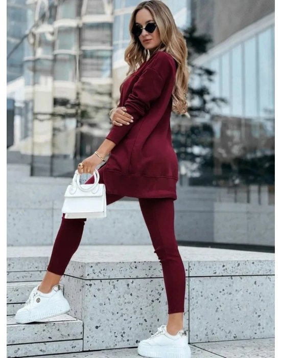 Kadın Uzun Kollu Bisiklet Yaka Nervurlu Viskon Iki Iplik Ve Tayt Pantolon Ikili Takım