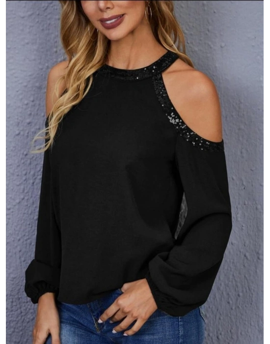 Kadın Uzun Kollu Bisiklet Yaka Omuz Açık Detaylı Krep Bluz