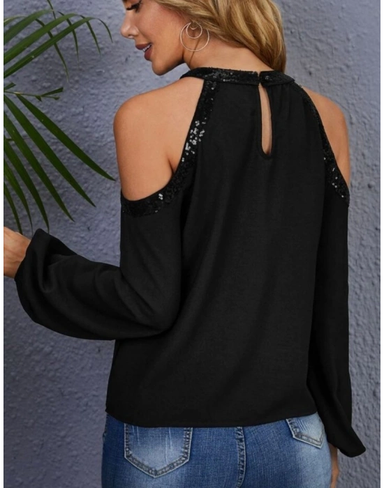 Kadın Uzun Kollu Bisiklet Yaka Omuz Açık Detaylı Krep Bluz