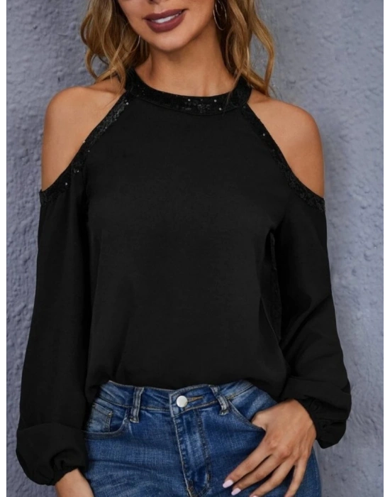 Kadın Uzun Kollu Bisiklet Yaka Omuz Açık Detaylı Krep Bluz