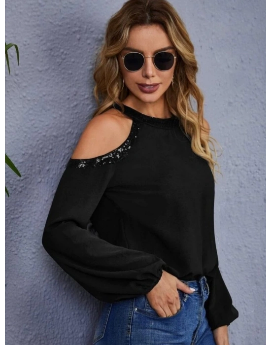 Kadın Uzun Kollu Bisiklet Yaka Omuz Açık Detaylı Krep Bluz