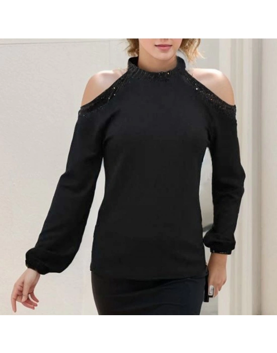 Kadın Uzun Kollu Bisiklet Yaka Omuz Açık Detaylı Krep Bluz